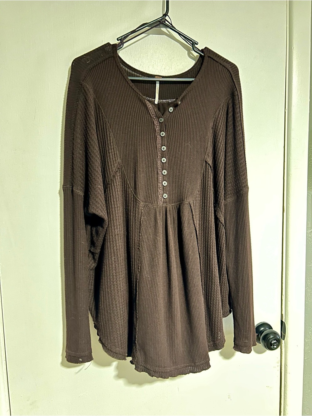 Free People Brown Ribbed V-Neck Henley Tunic